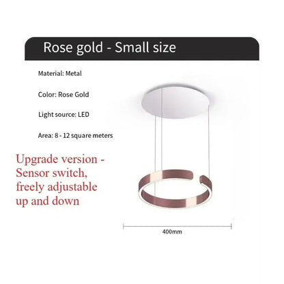 Rose gold metal ring pendant light with led illumination featuring light guide plate as modern dining room light source
