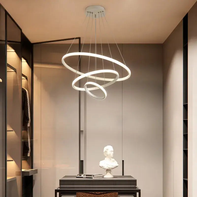Modern white led pendant chandelier with three interlocking rings in decorbites black ring spiral design for living room