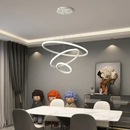 Modern black and white pendant chandelier with three interlocking circular rings decorbites black ring pendant light for living room