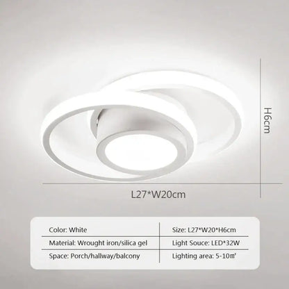Modern black and white square led ceiling lamp with two interlocking wrought iron and silica gel rings for corridors