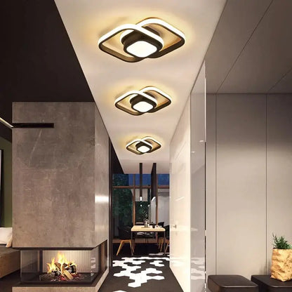 Modern black and gold metallic square led ceiling lamp emitting warm white light for corridors