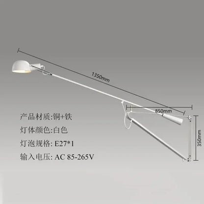 Modern black and white swing arm wall lamp with copper and iron construction featuring decorbites adjustable led