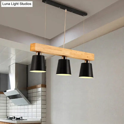 Decorbites modern tapered indoor ceiling light with three black pendant heads and natural wood beam suspension