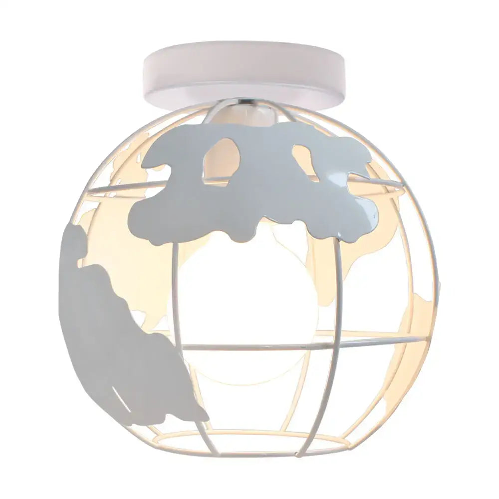 Modern black and white world map globe ceiling light shade with metal wireframe and gray continent silhouette
