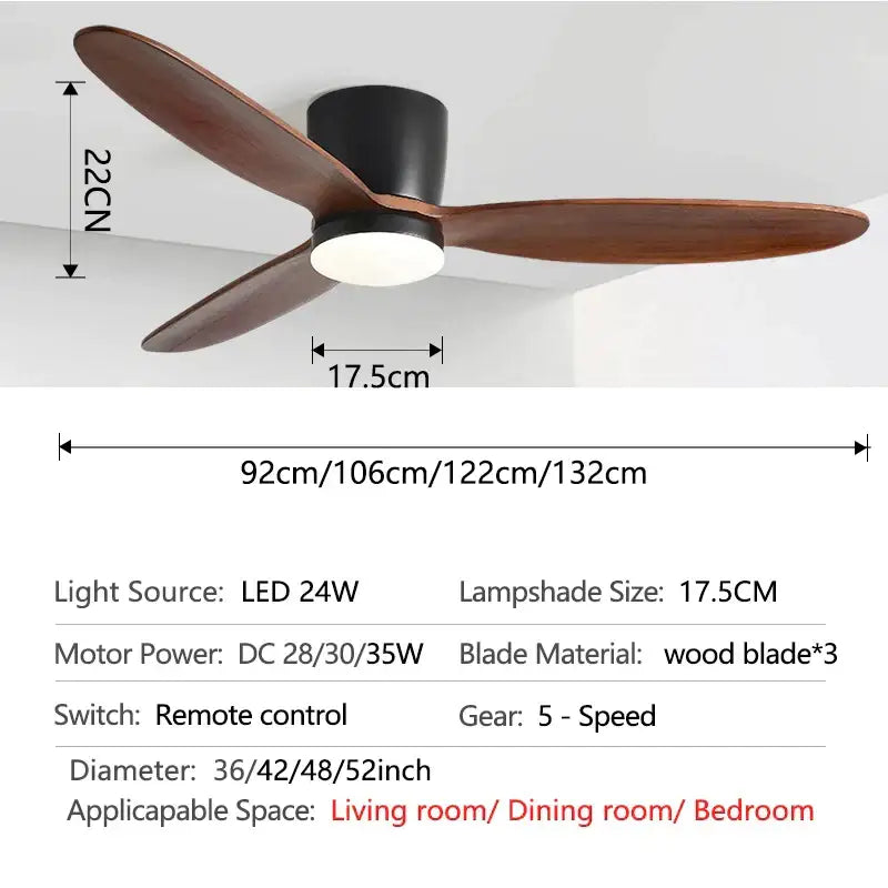 Modern black and wood ceiling fan with three dark brown blades, integrated led light, 35w dc motor and remote control