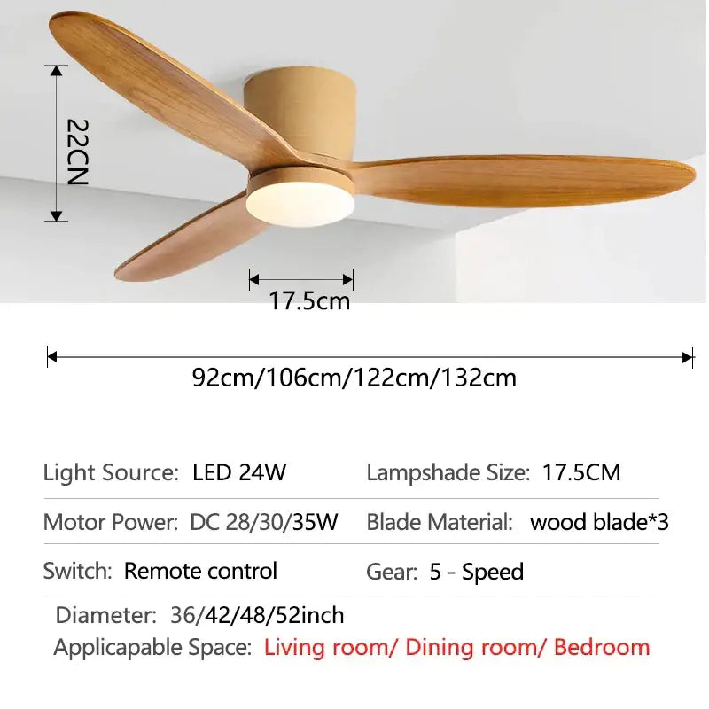 Modern black and wood ceiling fan with three light brown wooden blades and 35w dc motor remote control for living room