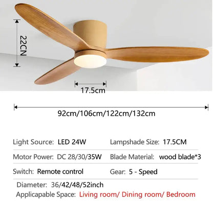 Modern black and wood ceiling fan with three light brown wooden blades and 35w dc motor remote control for living room