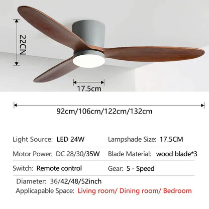 Modern black and wood ceiling fan with three brown wooden blades, sleek gray housing, integrated led light, 35w dc motor remote control