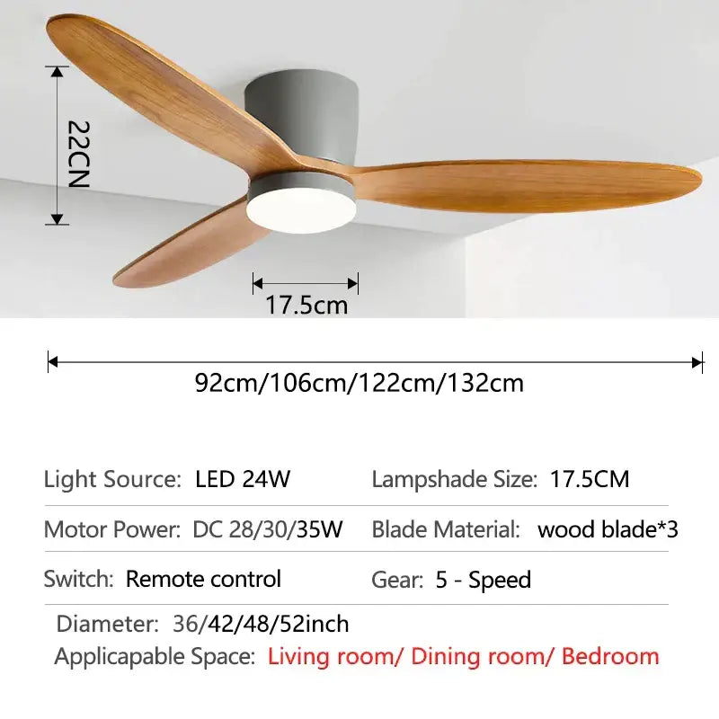 Modern ceiling fan with three light-brown wooden blades and gray housing featuring integrated led lamp and 35w dc motor remote control