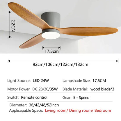 Modern ceiling fan with three light-brown wooden blades and gray housing featuring integrated led lamp and 35w dc motor remote control