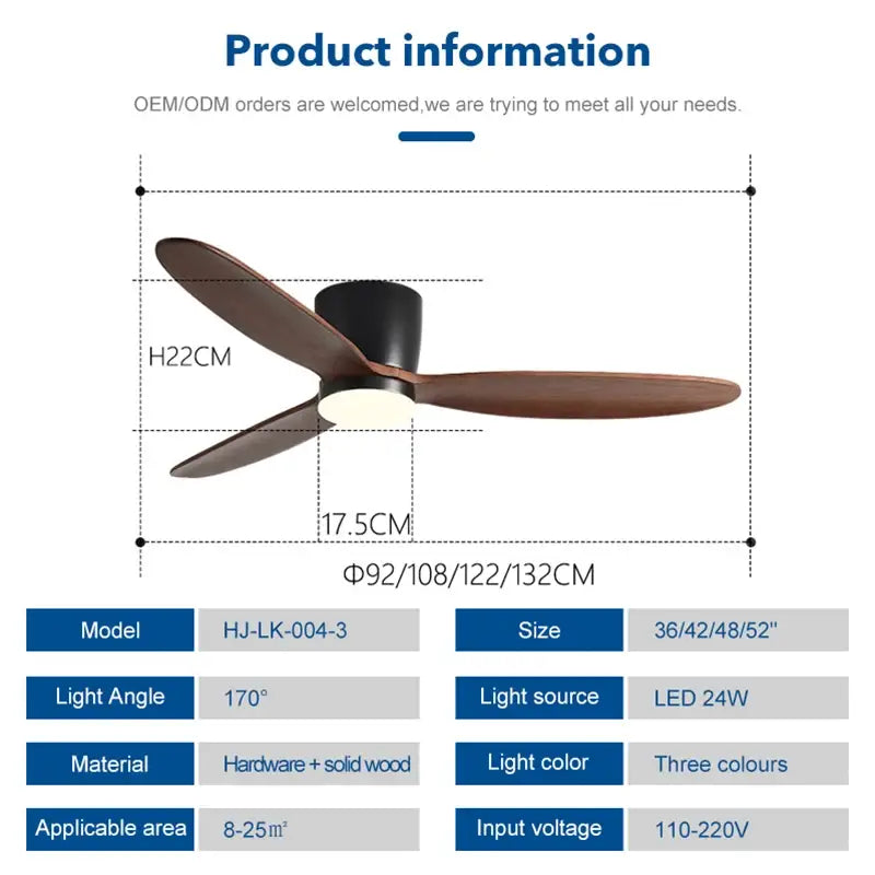 Modern black and wood ceiling fan with three dark brown wooden blades, integrated led light, 35w dc motor, and remote control