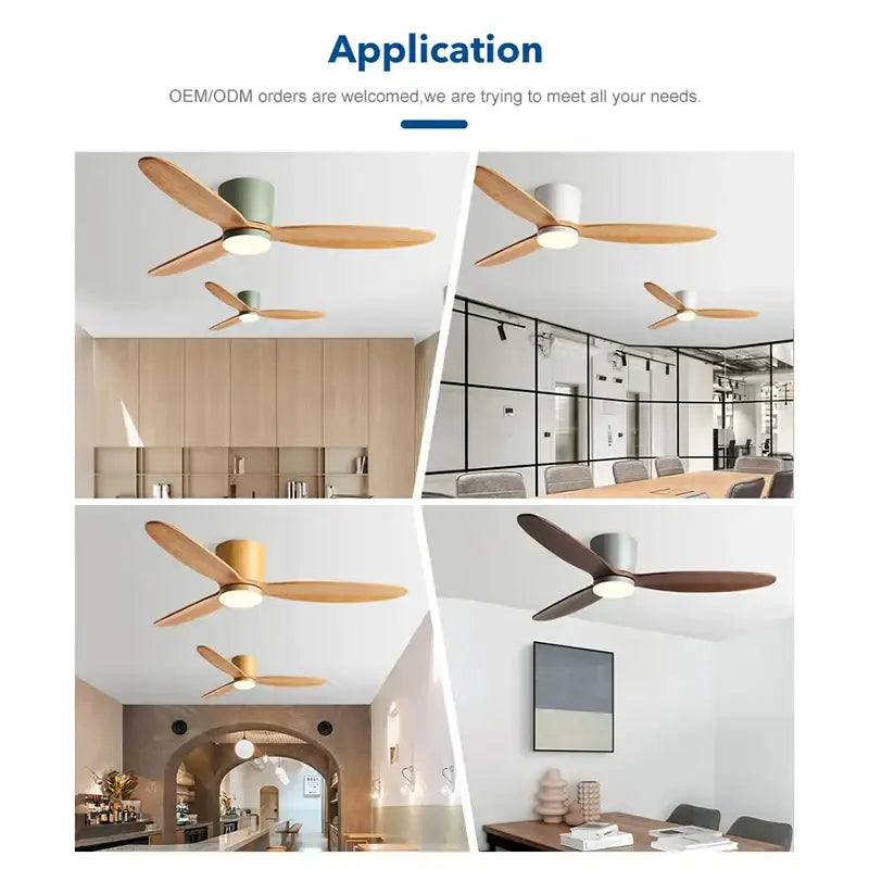 Modern black and wood ceiling fan with wooden blades and sleek metallic housing featuring remote control and 35w dc motor