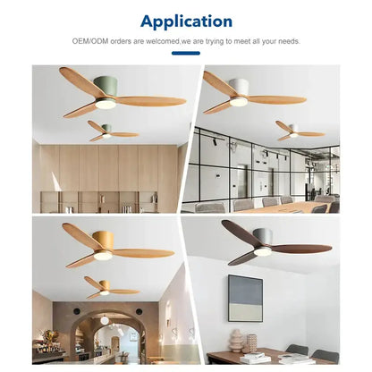 Modern black and wood ceiling fan with wooden blades and sleek metallic housing featuring remote control and 35w dc motor