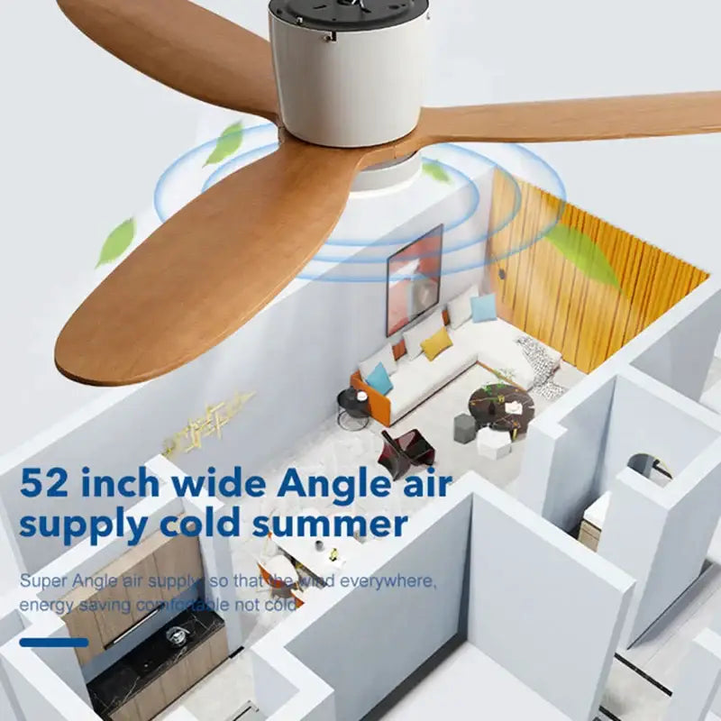 A modern black and wood ceiling fan with three wooden blades and 35w dc motor with remote control for living room use