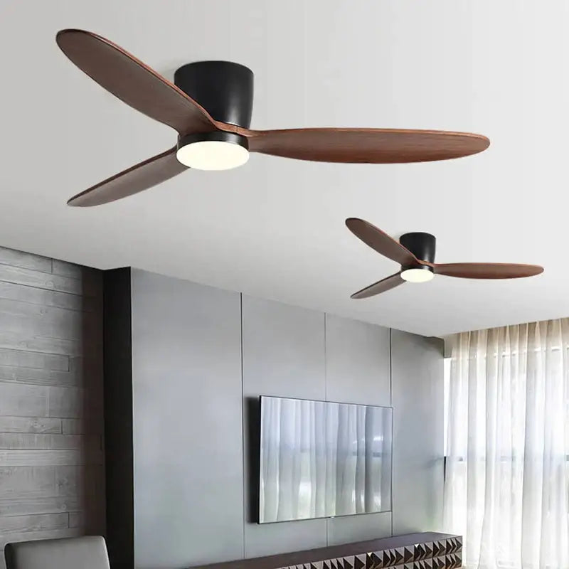 Modern black and wood ceiling fan with three wooden blades and 35w dc motor remote control for living room use