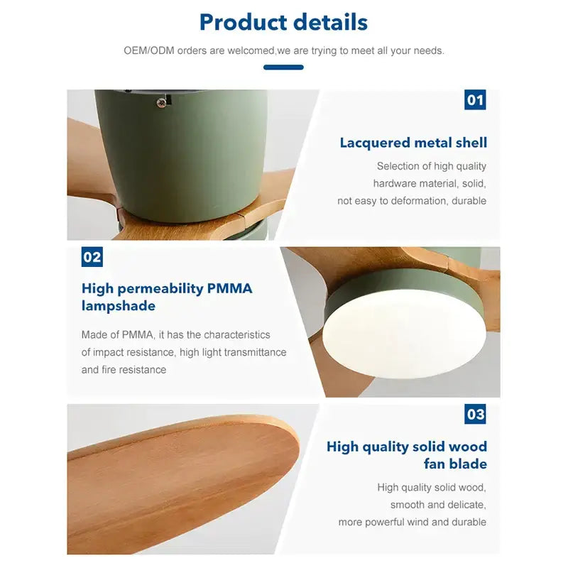 A sleek modern ceiling fan with matte sage green metal shell, light wood blades, remote control, and 35w dc motor