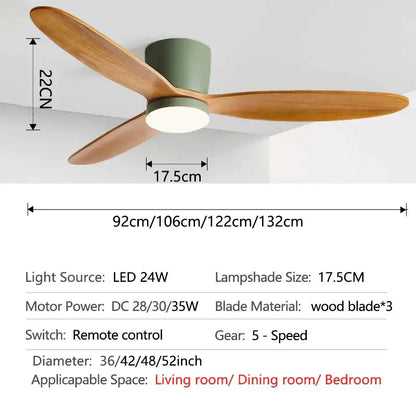 Modern ceiling fan with three light brown wooden blades, matte sage green housing, integrated led lamp, 35w dc motor remote control
