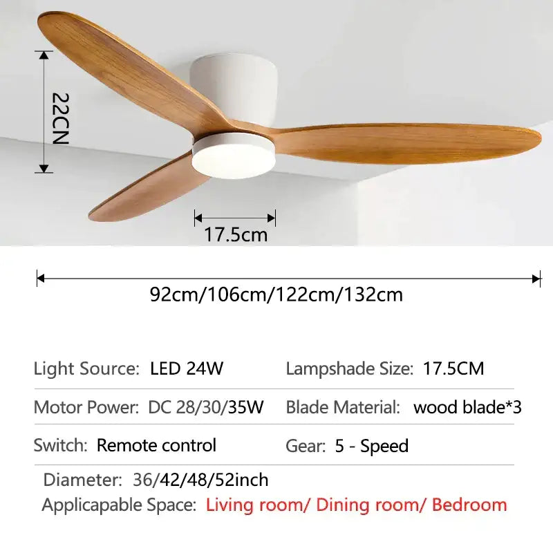 A modern ceiling fan with three light brown wooden blades, white housing, 35w dc motor, and remote control