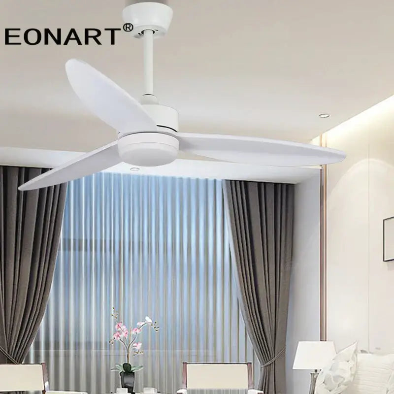 White eonart ceiling fan with sleek modern blades and minimalist design featuring led light and remote control for bedroom use