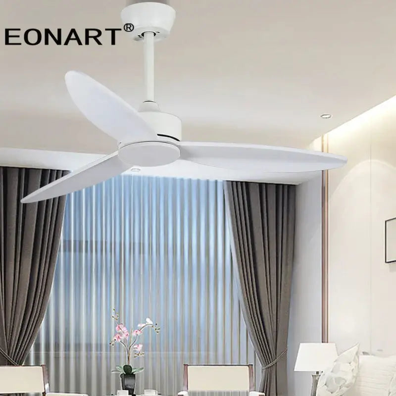 White Eonart ceiling fan with sleek modern blades and minimalist design featuring LED light and remote control