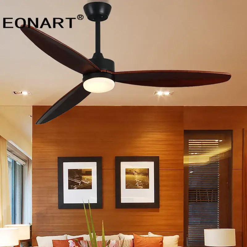 Modern black ceiling fan with three dark wood blades led light and remote control for bedroom use