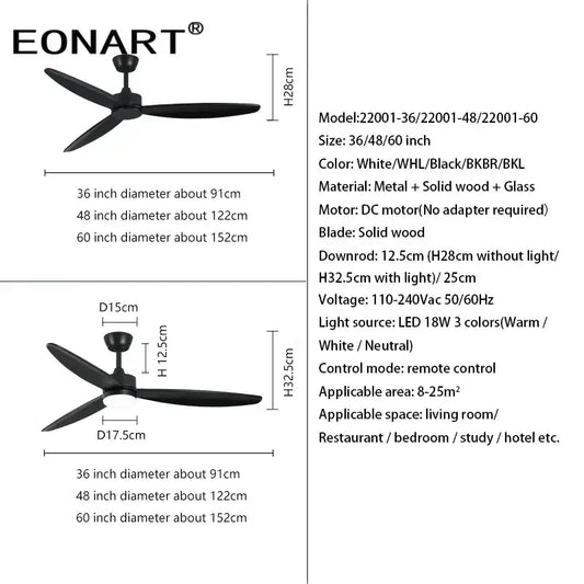 Modern black wood ceiling fan with three solid wood blades led light and remote control for bedroom use