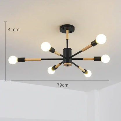 Modern black and wood decorbites led wooden ceiling light with six exposed bulbs for living room decor
