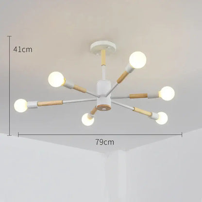 Modern white and wood-toned decorbites led wooden ceiling light with six arms and spherical bulbs for living room decor