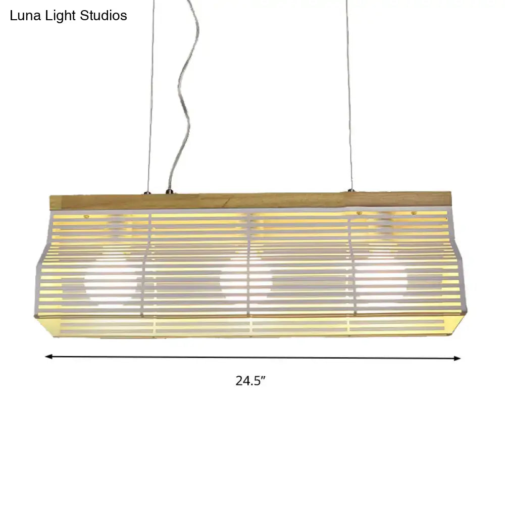 DecorBites modern black white island pendant light with wooden slats frosted glass panels warm golden glow