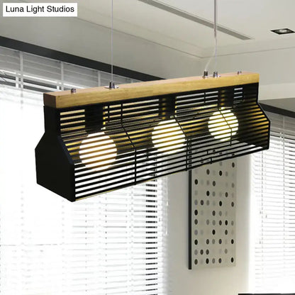 Decorbites modern black and wood slatted island pendant light with three glowing bulbs for dining room lighting