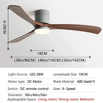 Modern ceiling fan with three dark brown abs blades matte gray housing led light and remote control for bedroom use