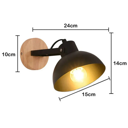 Modern black wooden wall light with black and gold industrial sconce and wooden backplate by decorbites for living room decor