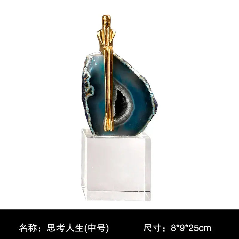 Modern blue agate crystal golden sculpture decorbites agate crystal living room decor on clear acrylic base