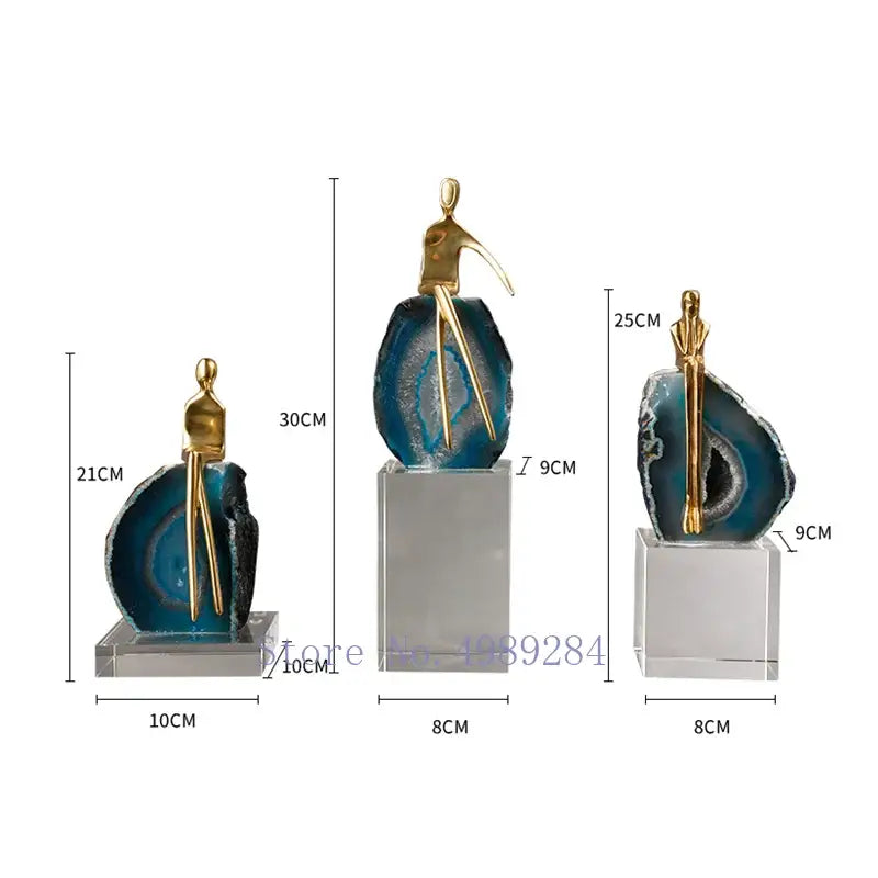 Set of three modern blue agate crystal golden figurines on acrylic bases for living room decorbites agate crystal decor