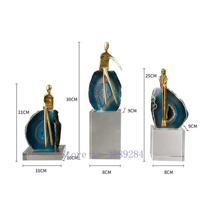 Set of three modern blue agate crystal golden figurines on acrylic bases for living room decorbites agate crystal decor