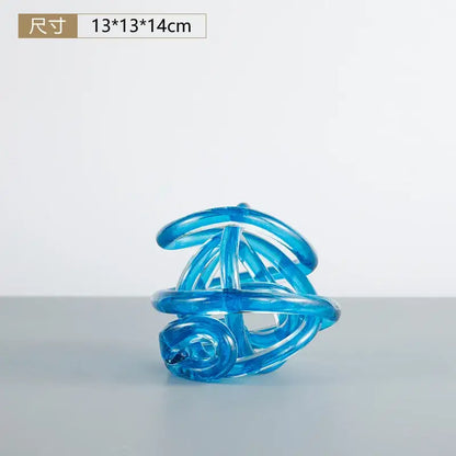 Modern blue amber and gray glass coil ball decorative figurine with translucent curved tubes for living room decor