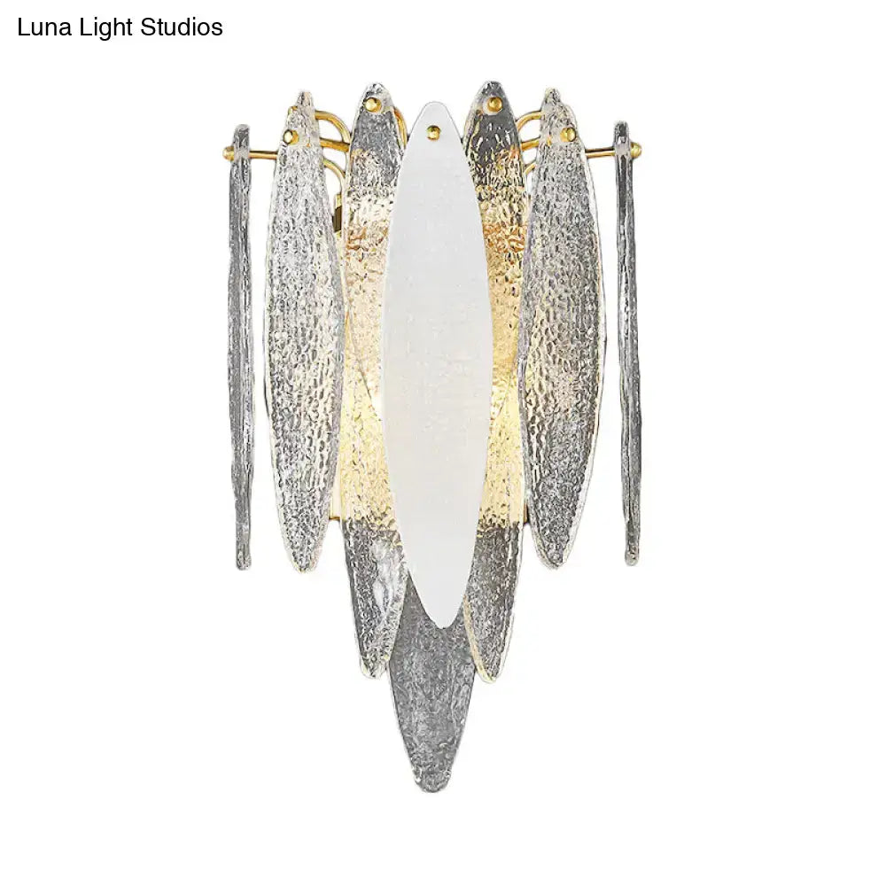 Silver and gold hammered metal leaf-shaped wall lamp with white frosted glass panel compatible with 110v-120v led incandescent fluorescent bulbs