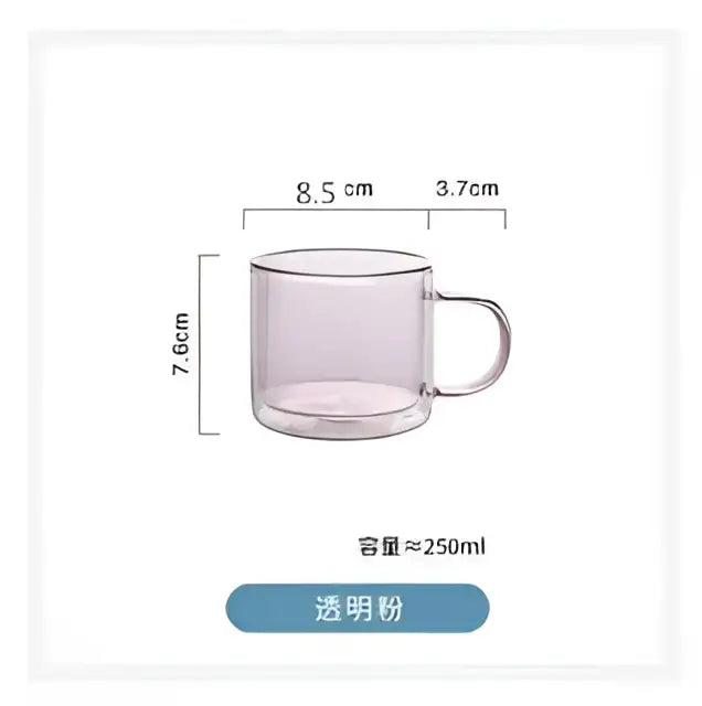 Transparent pink glass mug with handle 250 ml capacity part of modern blue amber and green glass mugs set for dining room use
