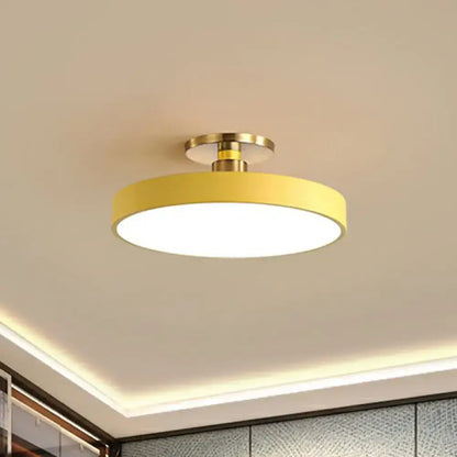 Modern yellow round flush mount ceiling light with brass-finished base by DecorBites™ Nordic style flush mount light