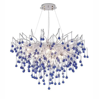 Modern blue decorbites chrome crystal chandelier with clear glass branches and blue teardrop pendants for dining room decor