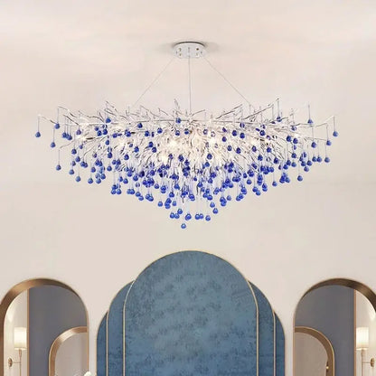 Modern blue chrome crystal chandelier with silver metallic frame and dangling beads for dining room decorbites chrome crystal