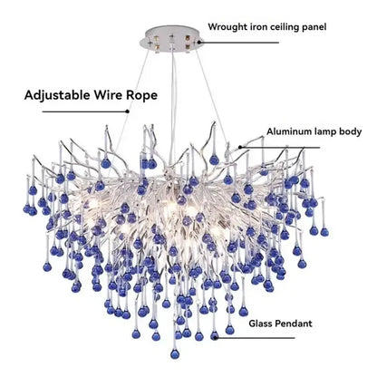 Modern blue chrome crystal chandelier with aluminum lamp body and adjustable wire rope for dining room decorbites chrome crystal