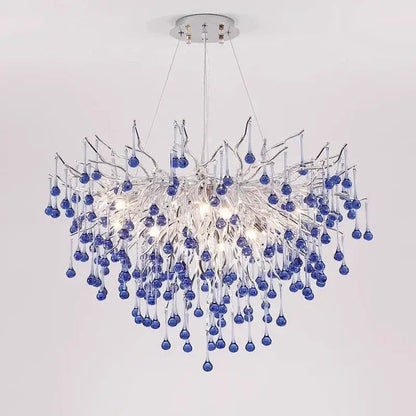 Modern blue chrome crystal chandelier with dangling glass teardrop pendants by decorbites for dining room decor