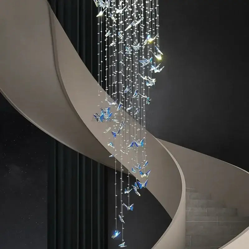 Modern blue and clear butterfly crystal chandelier with translucent crystals on silver chains for staircase decorbites butterfly crystal