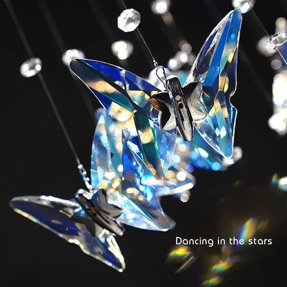 Modern blue and clear butterfly crystal chandelier staircase light featuring decorbites butterfly crystal with silver body