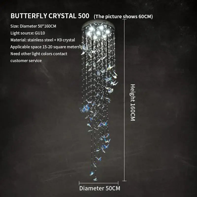 A 160cm silver decorbites crystal butterfly rotating chandelier with dangling k9 crystals and blue-tinged butterflies