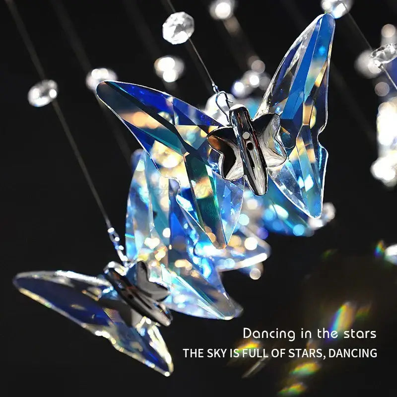 Modern blue and clear crystal butterfly rotating chandelier with iridescent decorbites crystal butterfly ornament