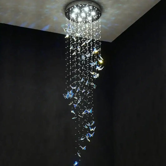 Modern blue and clear crystal staircase chandelier by decorbites with butterfly ornaments and bright led lights for living room decor