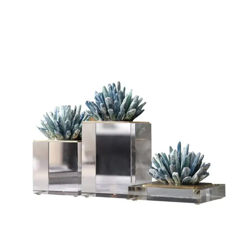 Set of three modern mirrored cube planters with frosted blue-green succulents on marble base decorbites crystal flower decor