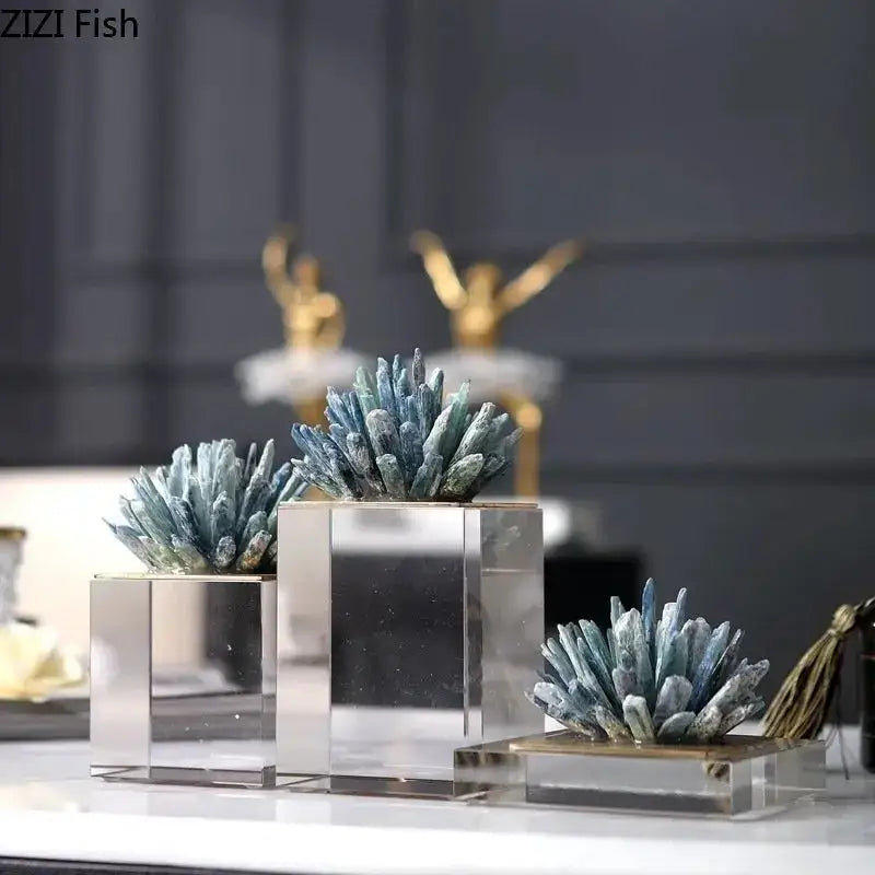Blue crystalline coral sculptures in clear acrylic cube planters with marble base decorbites crystal flower decor